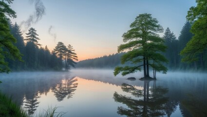 Obraz premium Foggy Sunrise Over a Tranquil Lake in a Lush Forest.