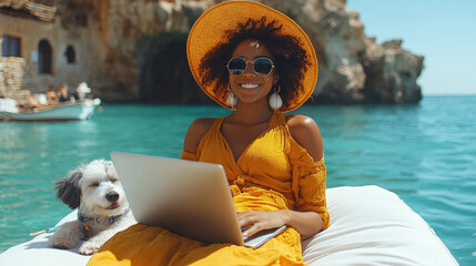 Sitting on a float, a woman in a yellow dress works on her laptop, accompanied by her dog, in a beautiful coastal area on a sunny day