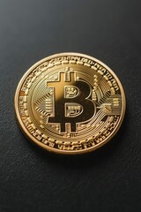 Close-up of a Gold Bitcoin Cryptocurrency Coin on a Black Surface