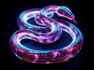 Fototapeta premium Neon snake coiled and ready to strike glowing sinuous body on black background symbolizing danger and power