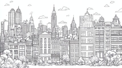 A line drawing of a city skyline with tall buildings and trees in the foreground.