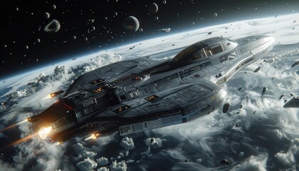 Fototapeta premium Immerse your audience in a breathtaking scene of Artistic Movements & Space Exploration by showcasing a long shot of sleek spacecraft and swirling cosmic debris in zero gravity Exp