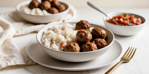 Fototapeta premium Healthy meatball bowl with rice and salsa.