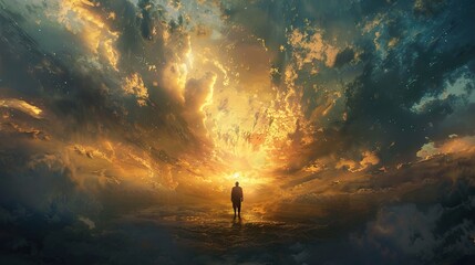 Obraz premium Silhouette of a Figure in a Dreamy Golden Sky