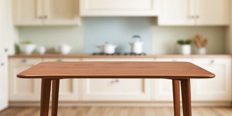 Wood table top on blurred kitchen background.