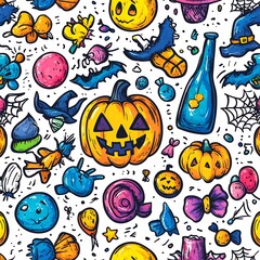 Playful Halloweenthemed seamless pattern filled with black outline doodles including witches cobwebs and candy The handdrawn vector illustration is designed for creative coloring on a white background