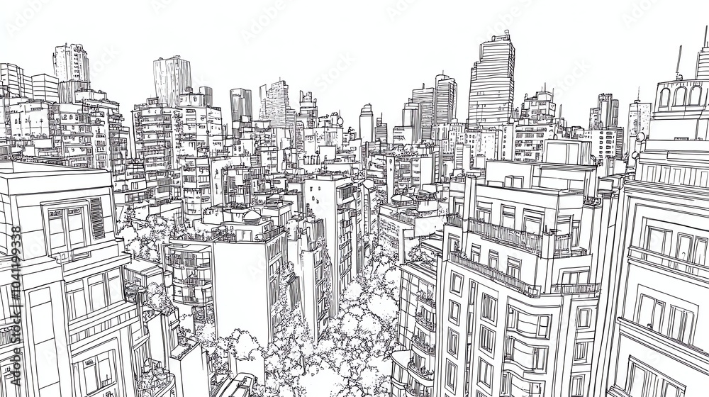 Wall mural a black and white line drawing of a city with many buildings and a few trees.