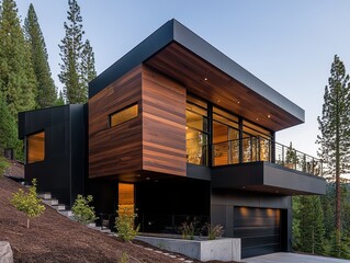 Obraz premium Stunning modern house exterior showcasing luxury finishes and contrasting textures for a sophisticated aesthetic.
