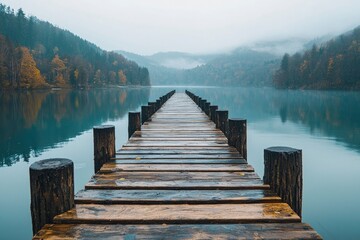 Naklejka premium Wooden Dock Extending into Misty Lake Surrounded by Trees