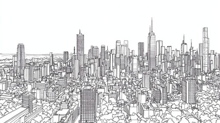 A line drawing of a city skyline with many buildings.