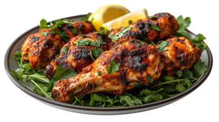 Delicious tandoori chicken on fresh greens with lemon garnish for culinary design and food industry - transparent background png
