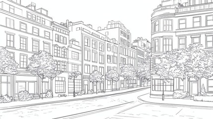 A line drawing of a city street with tall buildings and trees in the foreground.