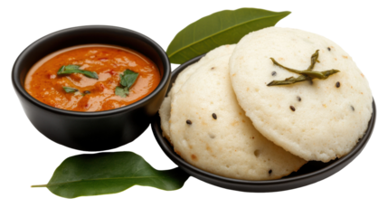 Traditional south indian breakfast: idli with coconut chutney for culinary inspiration - transparent background png