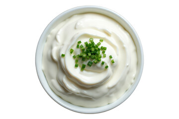 Sour cream with green chives on top isolated on transparent background, PNG.