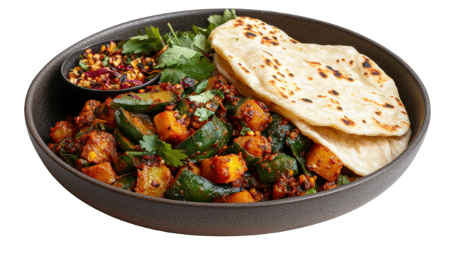 Bhindi masala with warm chapati - indian cuisine for culinary delight - transparent background png