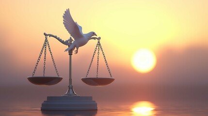 Dove Flying Over Scales of Justice at Sunset
