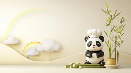 Obraz premium Cute Panda Chef with Bamboo and Rainbow