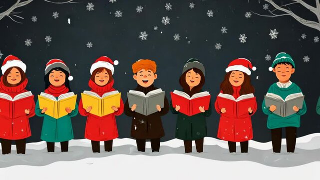 A group of children sing carols in the snow on a winter night