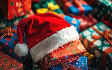 Fototapeta premium A Santa hat resting on a pile of colorful wrapped presents. Professional stock photo on white background