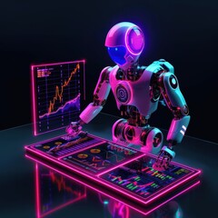 Graphic of  Illustration of a robot working on investment strategies, highlighted by neon colors and abstract hitech elements