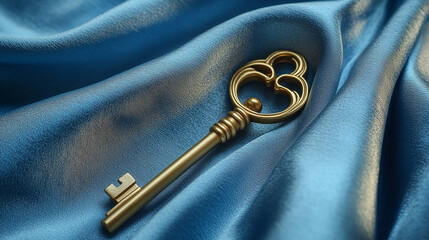 Naklejka premium Luxurious Golden Key Against Blue Fabric