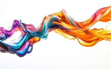 Smooth, vibrant ribbons of colored liquid paint flowing gracefully through the air, forming intricate, fluid patterns against a pristine white background. 