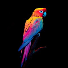 Obraz premium A Neon Parrot with Brightly Glowing Plumage Perched on a Branch Against a Black Background
