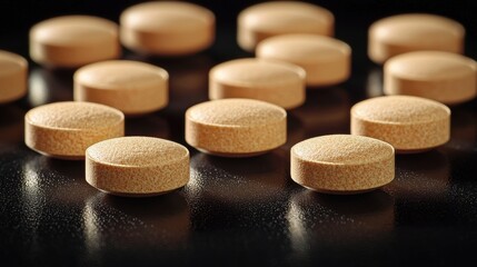 Brown tablets arranged on a reflective surface showcasing their texture and color in a well-lit setting