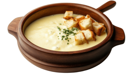 Swiss cheese fondue with bread cubes for culinary and hospitality industry use - transparent background png