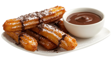 Delicious spanish churros with rich chocolate sauce for culinary delight - transparent background png