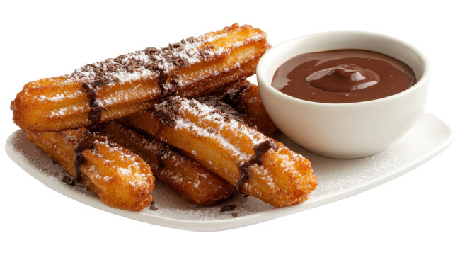 Delicious spanish churros with rich chocolate sauce for culinary delight - transparent background png