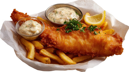 Traditional british fish and chips with tartar sauce and lemon for culinary design - transparent background png
