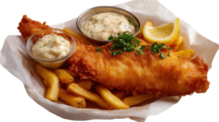 Traditional british fish and chips with tartar sauce and lemon for culinary design - transparent background png