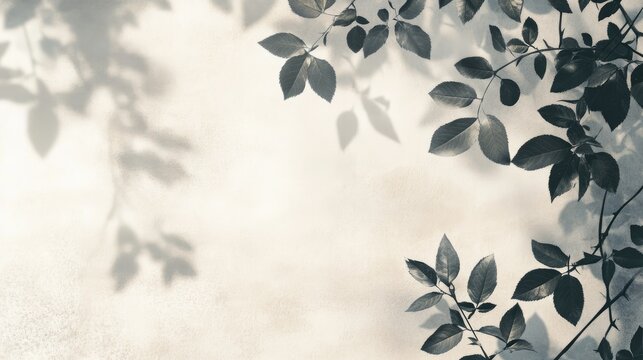 Overlay effect on a white wall featuring gray shadows of wild rose leaves and flowers Abstract neutral nature theme with a blurred background and space for text