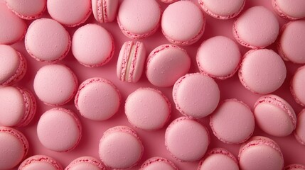 Obraz premium Pink strawberry macarons backdrop viewed from above creating an aesthetic and delicious background with a pastel color palette