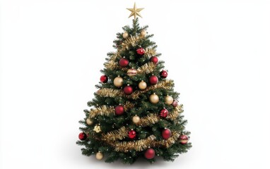 Christmas tree decorated with gold and red baubles, tinsel, and a star on top.