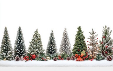 Fototapeta premium A row of miniature Christmas trees with snow-covered branches and decorations. Professional stock photo on white background 