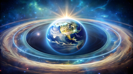 Earth Surrounded by Mysterious Halo with Spiritual Energy Waves. Perfect for: Earth Day, cosmic celebrations, spiritual energy workshops