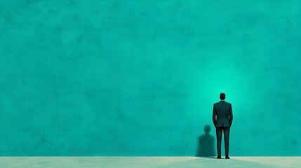 Obraz premium Contemplative businessman facing a vibrant turquoise wall