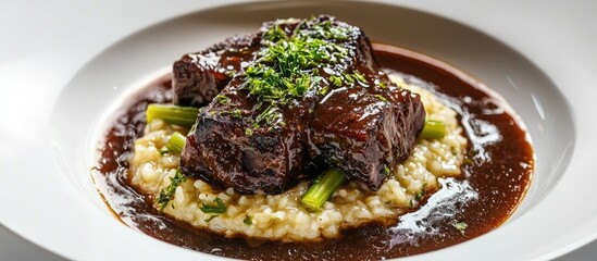 Traditional German Braised Beef Cheeks In Brown Red Wine Sauce With Celery Risotto On White Background For Restaurant Menu
