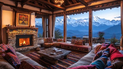 A cozy Bhutanese-inspired living room with hand-woven textiles