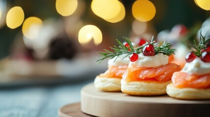 Gourmet smoked salmon blinis topped with a touch of creme fraiche festive atmosphere blurred backdrop featuring ample copy space