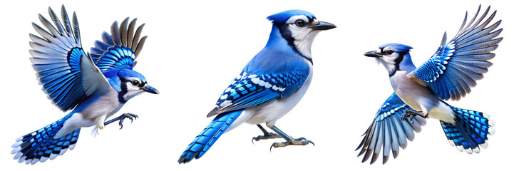 Set of A vibrant blue jay bird, captured both perched and in flight, showcasing its striking blue feathers and detailed wing patterns on transparent background.