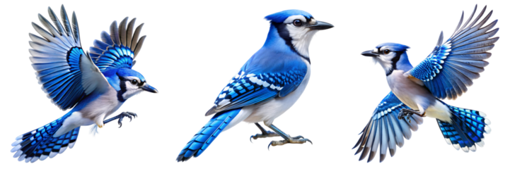 Set of A vibrant blue jay bird, captured both perched and in flight, showcasing its striking blue feathers and detailed wing patterns on transparent background.