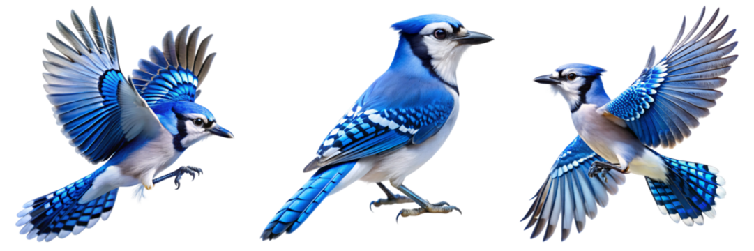 Set of A vibrant blue jay bird, captured both perched and in flight, showcasing its striking blue feathers and detailed wing patterns on transparent background.