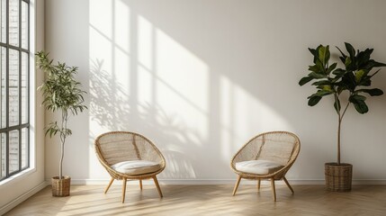 Fototapeta premium Empty white wall mockup in a boho style interior featuring two wicker armchairs and a potted plant Natural light streams in from a window enhancing the background wall art mockups