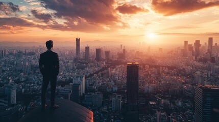 Man Looking Over Cityscape at Sunset