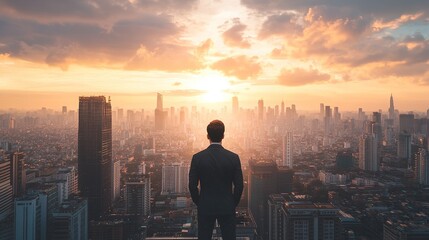 Businessman Overlooking City Skyline at Sunset