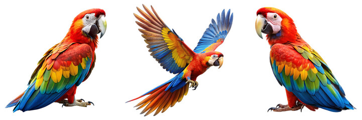 Set of A striking parrot with multicolored feathers captured in both flight and perched. Ideal for wildlife, nature, and exotic bird photography on transparent background