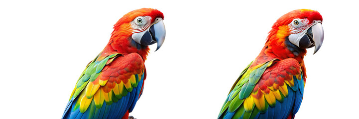 Fototapeta premium Set of A striking parrot with multicolored feathers captured in both flight and perched. Ideal for wildlife, nature, and exotic bird photography on transparent background